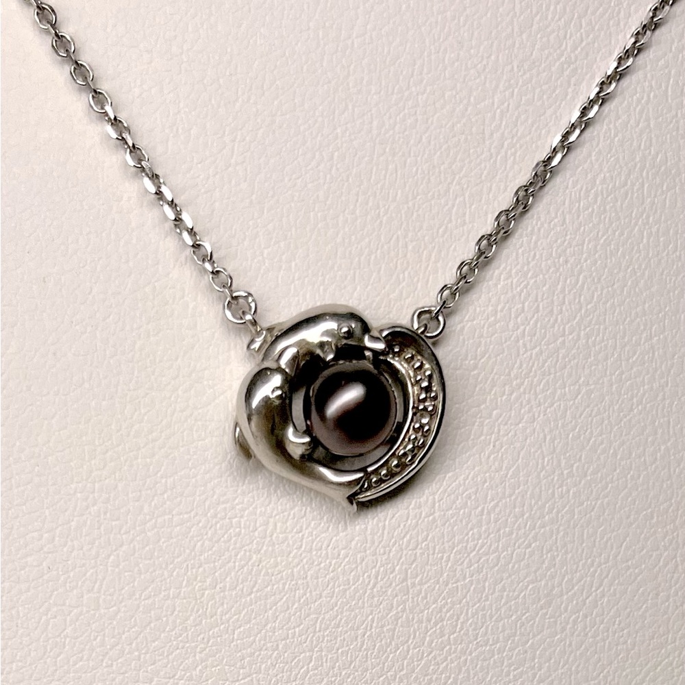 Purple Tahitian Natural Pearl Sterling Silver 925  Diamond Necklace, 18 In Long